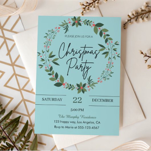 Invitation Soirée de Noël Elegant Blue Wreath