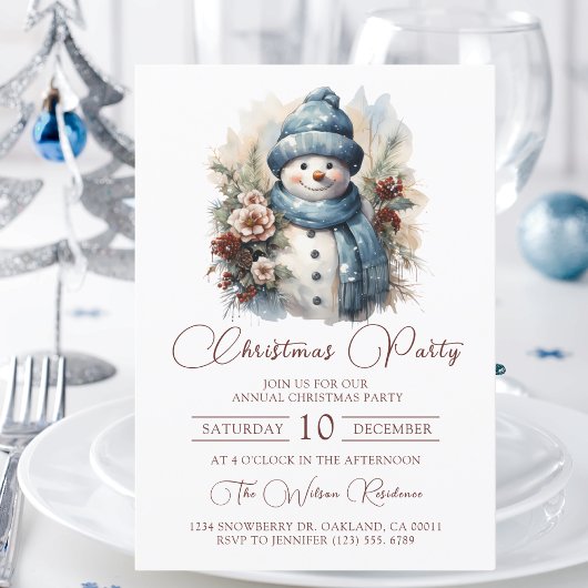 Invitation Soirée de Noël Elegant Floral Snowman