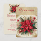 Invitation Soirée de Noël Elegant Gold et Red Poinsettia (Devant / Derrière)