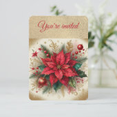 Invitation Soirée de Noël Elegant Gold et Red Poinsettia (Debout devant)