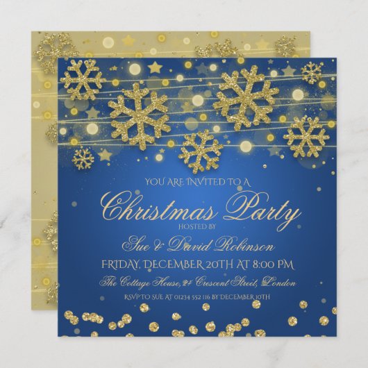 Invitation Soirée de Noël Elegant Gold & Navy (Devant / Derrière)