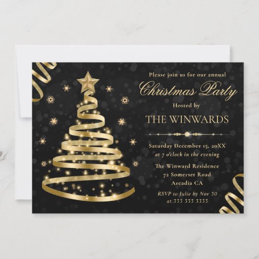 Invitation Soirée de Noël Elegant Gold Sparkly Ribbon Tree (Devant)