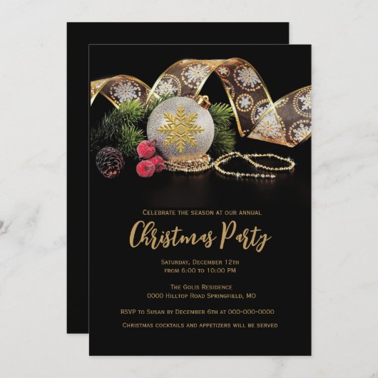 Invitation Soirée de Noël Elegant Gold sur Noir (Devant / Derrière)