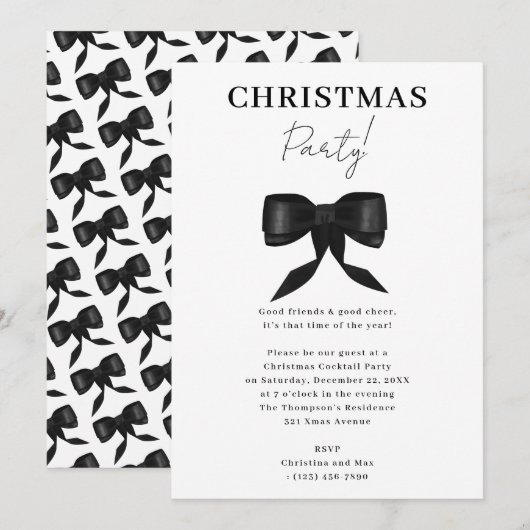 Invitation Soirée de Noël Elegant Noir Blanc Bow (Devant / Derrière)