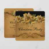 Invitation Soirée de Noël Elegant Noir et Or Poinsettia (Devant / Derrière)