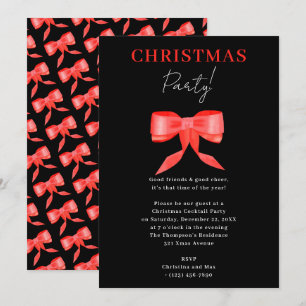Invitation Soirée de Noël Elegant Noir Rouge Bow