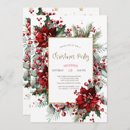 Invitation Soirée de Noël Elegant Poinsettia (Devant / Derrière)