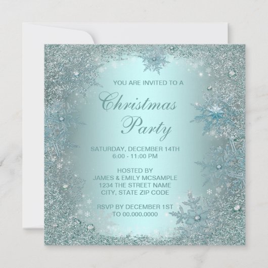 Invitation Soirée de Noël Elegant Silver Turquoise Blue Snowf (Devant)