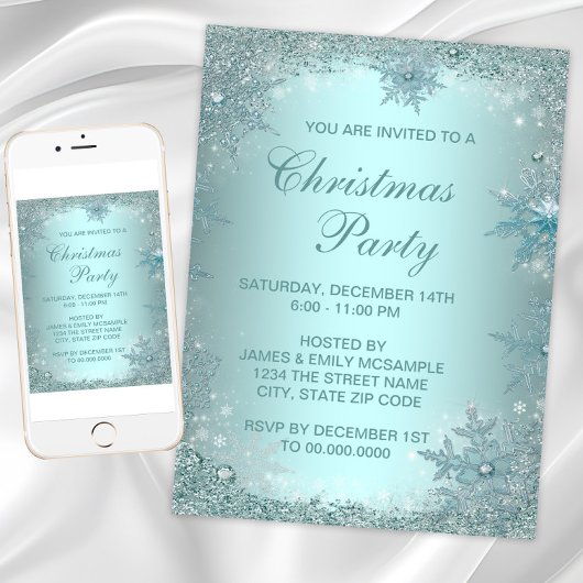 Invitation Soirée de Noël Elegant Silver Turquoise Blue Snowf