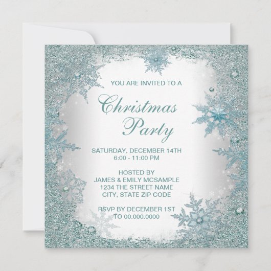 Invitation Soirée de Noël Elegant Turquoise Blue Snowflake (Devant)
