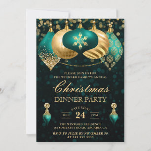 Invitation Soirée de Noël Elegant Turquoise & Gold Baubles