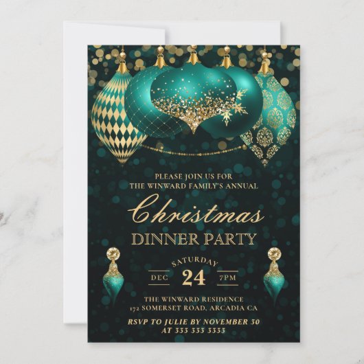 Invitation Soirée de Noël Elegant Turquoise & Gold Baubles (Devant)
