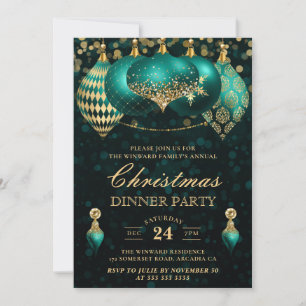 Invitation Soirée de Noël Elegant Turquoise & Gold Baubles