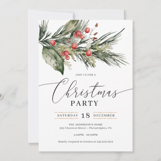 Invitation Soirée de Noël Elégante aquarelle (Devant)