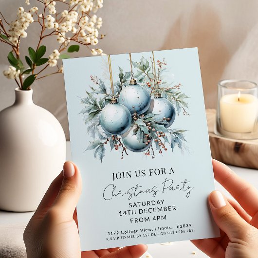 Invitation Soirée de Noël élégante Bauble Bleu
