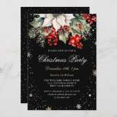 Invitation Soirée de Noël Elégante Black Poinsettia Berries (Devant / Derrière)