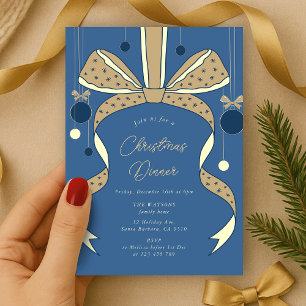 Invitation Soirée de Noël Elégante Bow Beige Bleu & Ribbons