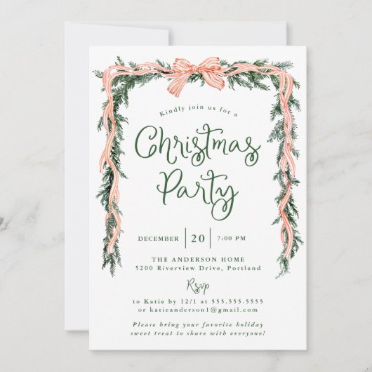 Invitation Soirée de Noël Elégante Bow rayée Rouge (Devant)