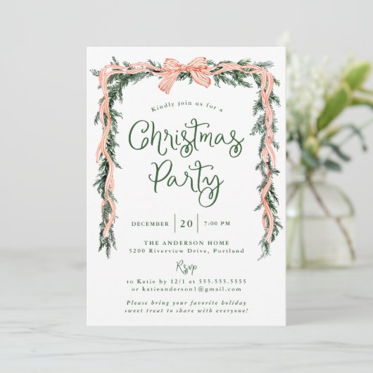 Invitation Soirée de Noël Elégante Bow rayée Rouge (Debout devant)