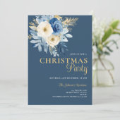 Invitation Soirée de Noël élégante Fleurs blanches et bleues  (Debout devant)