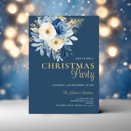 Invitation Soirée de Noël élégante Fleurs blanches et bleues 
