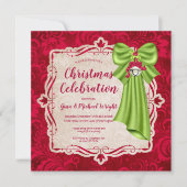 Invitation Soirée de Noël Elégante Flore Rouge & Bow Vert (Devant)