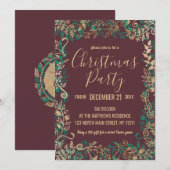 Invitation Soirée de Noël Elégante Gold Green Red Floral (Devant / Derrière)