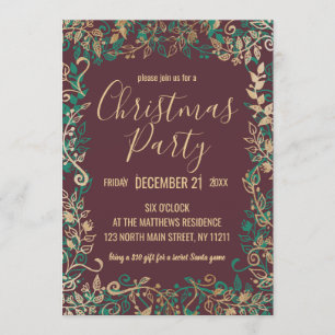 Invitation Soirée de Noël Elégante Gold Green Red Floral