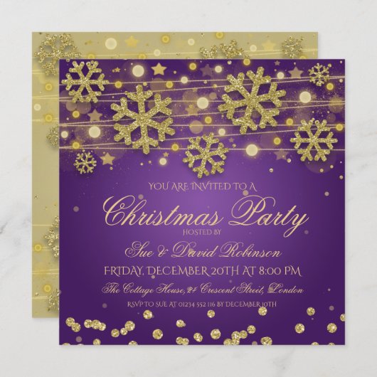 Invitation Soirée de Noël Elégante Gold & Purple (Devant / Derrière)