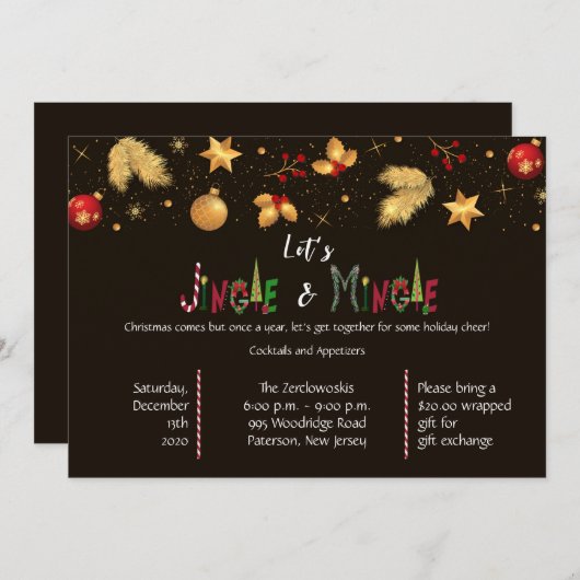 Invitation Soirée de Noël Elégante Jingle & Mingle (Devant / Derrière)