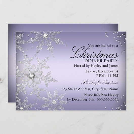 Invitation Soirée de Noël en flocon de neige violet (Devant / Derrière)