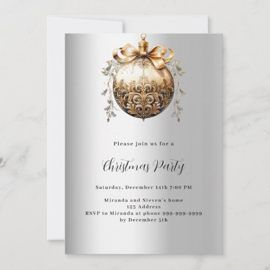 Invitation Soirée de Noël en or bauble (Devant)