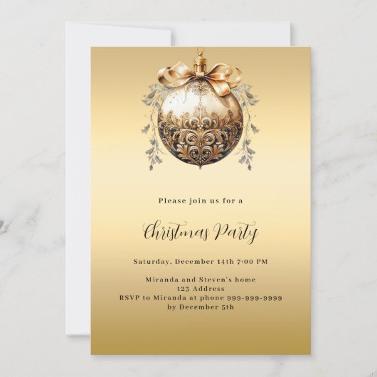 Invitation Soirée de Noël en or Bauble (Devant)