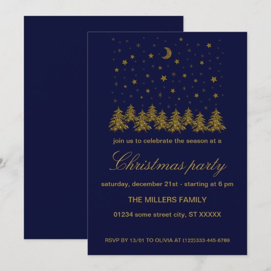 Invitation Soirée de Noël en or brillant (Devant / Derrière)