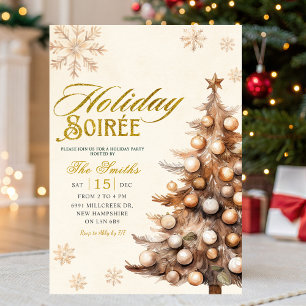 Invitation Soirée de Noël Flocon de Neige Arbre Rustique