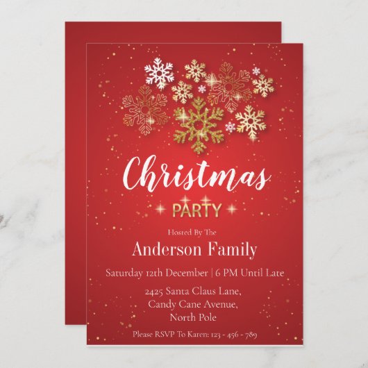 Invitation Soirée de Noël Gold & Red Luxe (Devant / Derrière)