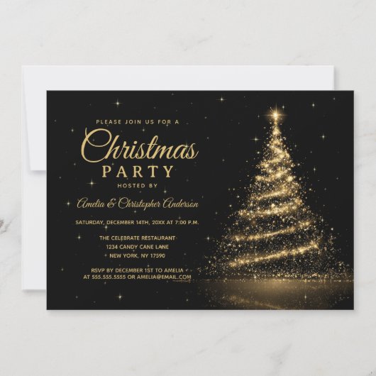 Invitation Soirée de Noël Gold Sparkle Light Tree (Devant)