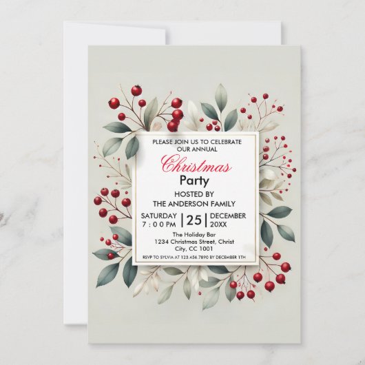 Invitation Soirée de Noël Holly Berry Et Foliage (Devant)