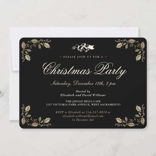 Invitation Soirée de Noël Holly Black Gold (Devant)