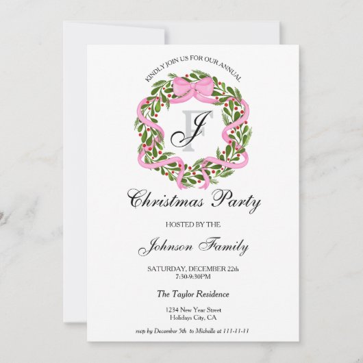 Invitation Soirée de Noël Monogram Pink Ribbon (Devant)