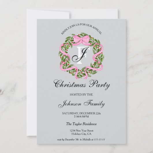 Invitation Soirée de Noël Monogram Pink Ribbon (Devant)