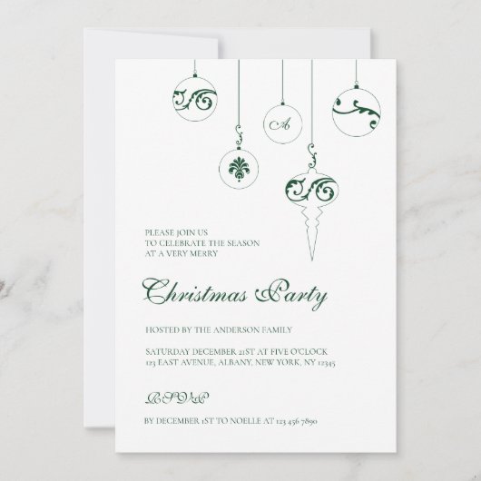 Invitation Soirée de Noël Monogramme Vert Bauble (Devant)