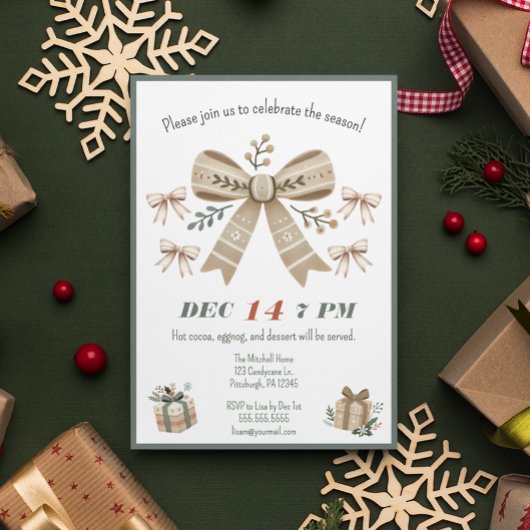 Invitation Soirée de Noël Neutre Boho Coquette Bow