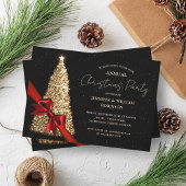 Invitation Soirée de Noël Noir Or Elégant Arbre Ruban
