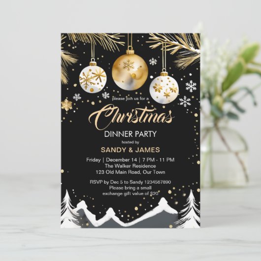 Invitation Soirée de Noël or et baubles noirs (Debout devant)