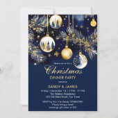 Invitation Soirée de Noël or et bleu marine baubles (Devant)