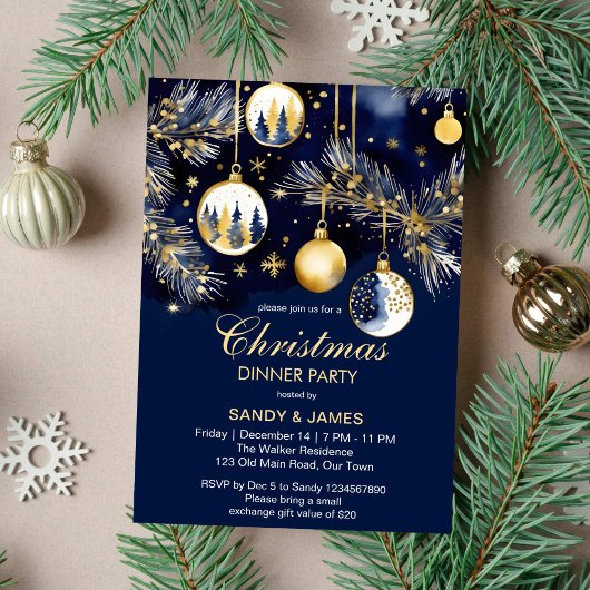 Invitation Soirée de Noël or et bleu marine baubles