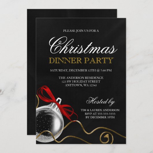 Invitation Soirée de Noël Ornement Red Bow (Devant / Derrière)