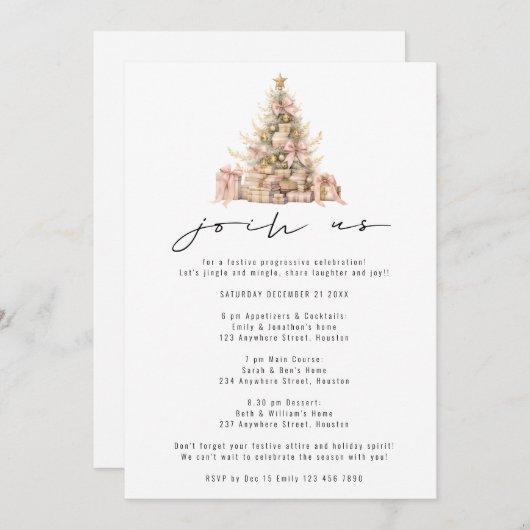 Invitation Soirée de Noël progestative rose Gold Tree (Devant / Derrière)