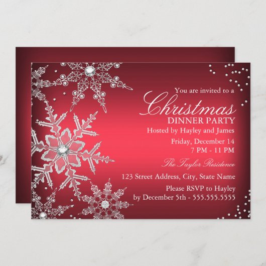 Invitation Soirée de Noël Red Crystal Snowflake (Devant / Derrière)